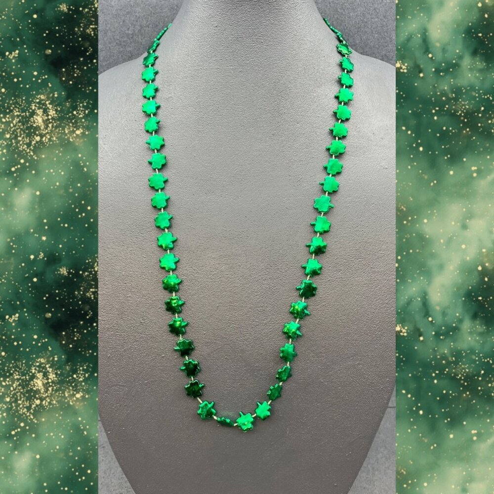 St Patricks Day Irish Necklace 30 In Metallic Green Lucky Shamrock Clover Retro